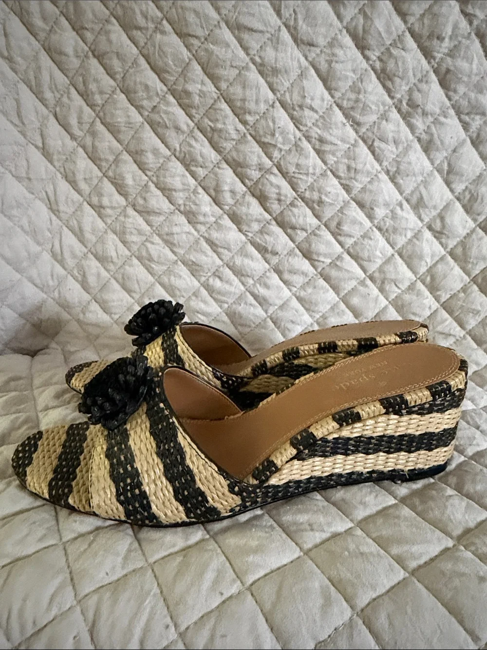 kate spade Black and Natural Striped Wedge Slides with Black Floral Pom